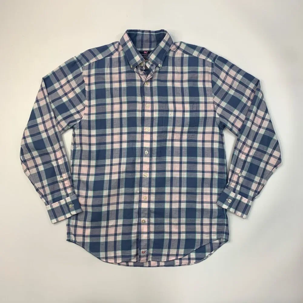 Vineyard Vines Shirt Mens Medium Blue White Classic Fit Murray Plaid Linen Blend - Picture 2 of 10